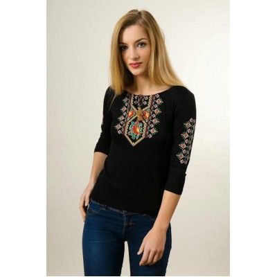 Embroidered t-shirt with 3/4 sleeves "Colourful" on black